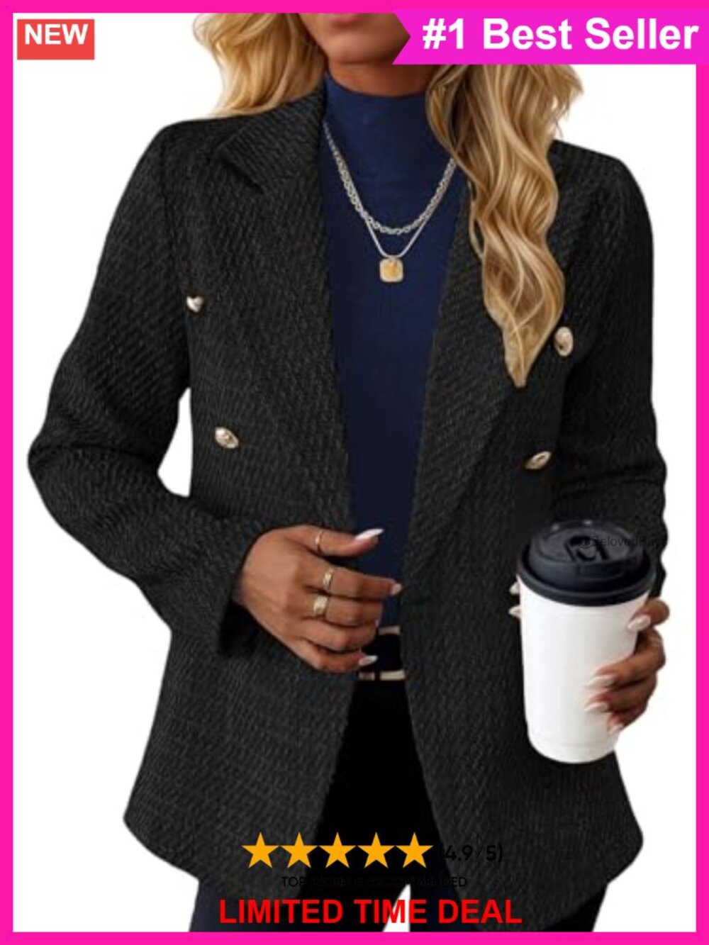 Tweed Plaid Blazer Double Breasted Lapel Business Casual Jacket